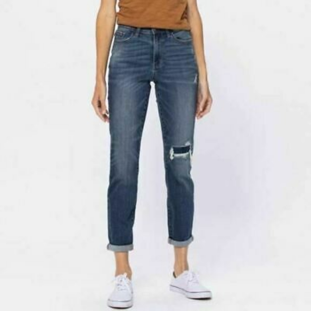 Judy Blue Hi Rise Destroy Knee Patch Boyfriend Jeans